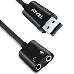 ENVEL USB to 3.5mm Audio Adapter,External Stereo Sound Card with Dual TRS 3-Pole 3.5mm Headphone and Microphone Jack for PS4/PS5/PC/Laptop, Built-in Chip Mic-Supported Headphone Adapter (Black Pro)