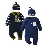 Tearfuty Newborn Baby Boy Rompers Cotton One Piece Jumpsuit Long Sleeve Rompers +Hat （2 Pack）