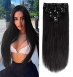 Sexycat Straight Hair Extensions Clip in 24 Inch 8Pcs 120g Clip in Hair Extensions Real Human Hair, Natural Black Color Clip on Double Weft Hairpieces for Women