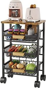 4 Tier Fruit Basket for Kitchen, Vegetable Storage Cart with Wooden Tabletop, Vegetable Basket Bins for Onions and Potatoes, Wire Storage Basket Organizer Utility Cart with Wheels, Black