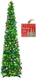 MACTING Pop Up Christmas Tree with 50 LED Lights 5FT Collapsible Easy-Assembly Coastal Glitter Tinsel Pencil Tree for Porch Apartment Corner Home Party Christmas Mothers Day Decorations(Green)