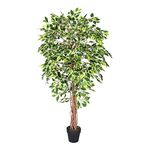 HOMESCAPES - 6 Feet Ficus Tree - Variegated - Real Wood Stems and Lifelike Leaves Replica Artificial Plant