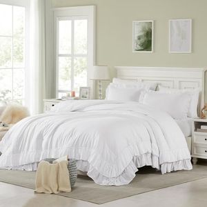 Cupocupa White Queen Comforter Set, 3Pcs Ruffle Comforters Queen Size Farmhouse Bedding Sets with Comforter, Lightweight Fluffy Soft Shabby Chic Bedding Comforter Sets