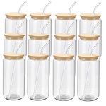 12 Pack Beer Glass Cups with Bamboo Lids and Glass Straws 16oz Beer Can Shaped Drinking Glasses Cups, Glass Tumbler Reusable Cute Cups for Whiskey, Iced Coffee, Tea, Soda, Cocktail, Gift, Clear