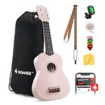 Donner Soprano Ukulele for Beginner 21 Inch Matte Ukulele Beginner Kit with Bag Strap Tuner Strings Picks Cloth, Free Online Lessons, Kids Holiday Christmas & Birthday Gift (Light Pink)