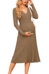 OUGES Womens Fall Winter Maternity Dress for Photoshoot Long Sleeve Baby Shower Pregnancy Brown Sweater Pleated Midi Work Dress Maternity Clothes Fall Fashion Trendy 2024(Camel,M)