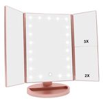 WEILY Tri-fold Vanity Mirror, 21 LEDs and 2X/3X Magnification, Touch Switch for Adjusting Brightness, Dual Power Supply mode Makeup Mirror (Rose Gold)