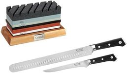 BBQ Carving Knife Set with Razor-Sharp German Steel – Artisan Series – Complete Sharpening Stone Kit – Includes Whetstone, Non-Slip Acacia Wood Base, Angle Guide, Flattening Stone, and Leather Strop