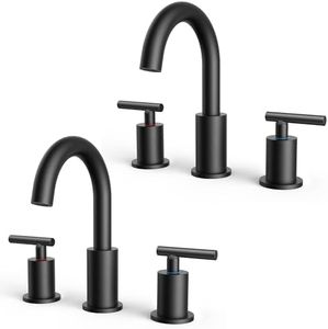 FORIOUS 2 Pack Black Bathroom Faucet 3 Hole, 8" Widespread Matte Black Bathroom Sink Faucet with 360°Swivel Spout, Suitable for 6-12 Inch Vanity Sink, with Metal Pop-up Drain and Supply Line