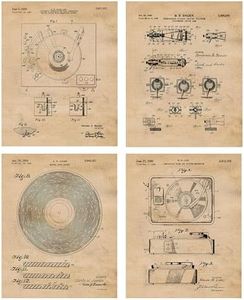 Vintage Vinyl Record Player Patent Prints, 4 (8x10) Unframed Photos, Wall Art Decor Gifts for Home Office Studio Gears Garage Man Cave College School Student Teacher Coach DJ Rock Roll Music Fans