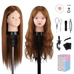 23'' Mannequin Head with 80% Human Hair, Cosmetology Makeup Doll Head for Hair Styling with Clamp and Accessories, Light Brown