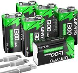 Rechargeable 9V Batteries, 1300mAh 9 Volt Lithium-ion Batteries Long Lasting 9V battery with 2 in 1 USB-C Fast Charging Cable for Smoke Detector Alarms, Microphone, Toys, walkie-Talkie etc (6 Pack)