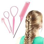 4Pcs Topsy Tail Hair Tool Hair Looping Tool Hair Braiding Tool with Rat Tail Comb, Ponytail Loop Hair Bands Remover Cutter Fast Hair Styling Accessories for Hair Braid