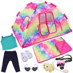 ZITA ELEMENT 7 Items Fashion Doll Camping Tent Set for American 18 Inch Doll Accessories - Including 18 Inch Doll Camping Tent, Sleeping Bag, Clothes Set, Shoes, Camera, Eye Glasses and Toy Dog