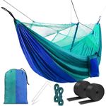 HACER Portable Outdoor Camping Hammock with Mosquito Net & Carabiner Nylon Windproof Hanging Swing for Hiking Backpacking - Sky Blue & Blue