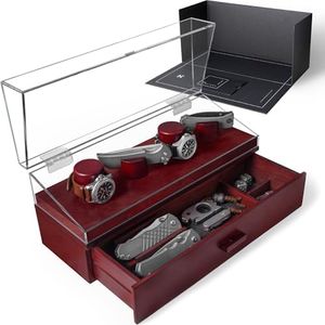 Watch & Pocket Knife Display Case – Switch Up Your Display with The Modular Pillars – Knife Case for Men with Hinged Acrylic Cover and Felt Lined Drawer – The Combo Deck for Men