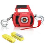 Lonsge Portable Drill Winch of 1500 LB, Red Handheld Drill Winch with 40 Foot Synthetic Rope, Rotate The Hook 360 Degrees, for Lifting & Dragging(Down Strap with D Rings)