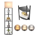 Meisoda Floor Lamp with Shelf, Standing Lamp W/3 Tier Wood Shelves and 2 USB Ports 1 Power Outlet, 3 Color Temperatures Dimmable LED Floor Lamps for Living Room, Bedroom & Office (Dark Black)