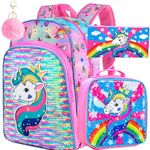 3PCS Unicorn Backpack for Girls, 16" Little Kids Sequin Preschool School Bookbag and Lunch Box