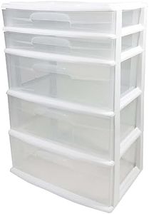 HOMZ Drawer Tower, 5-Tier Extra-Wide Clear Plastic Storage Organizer Cart, White Frame - Organizing Containers for Home, Office, Bathroom, Bedroom, and Classroom