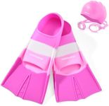 Odoland Kids Swim Fins Set, Swimming Training Flippers, Swim Goggles with Swimming Cap for Swim Pool Snorkel for Children Girls Boys Beginner,Pink XXS