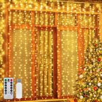 Ollny Curtain Lights Indoor, 300 LED 3m x 3m Fairy Lights USB Powered, Waterproof Warm White String Light with 8 Modes/Timer/Remote, Bedroom/Wall/House/Garden Decorations