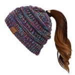 C.C Soft Stretch Cable Knit Messy Bun Ponytail Beanie Winter Hat (MB-816A) (Black Multi(32))