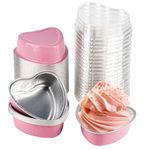 LepoHome 50PCS Heart Shaped Cake Pans with Lids, 3.4 Ounces/ 100 ml, Aluminum Foil Mini Disposable Heart Cupcake Pans for Valentine's Day Wedding Parties - Pink