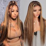 Highlight Ombre Lace Front Wig Human Hair 18 inch 13x4 HD Transparent 4/27 Honey Blonde Lace Front Wigs Pre Plucked with Baby Hair 180% Density