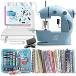 CraftBud Mini Sewing Machine for Beginners, Dual Speed Small Portable Sewing Machine for Kids and Adults with Extension Table, 122 Piece Gift Set Includes, Fabrics, Projects Book, Light and More, Blue
