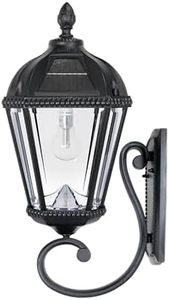 Gama Sonic Solar Outdoor Wall Light, Royal Bulb Exterior Sconce Lamp, Black Cast Aluminum, Clear Beveled Glass, Warm White LED with Omni-Direction Reflector, Large 21-Inch Height, 98B010 (Upgraded)