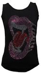 Rockabilly Punk Rock Baby Woman Black Tank Top Shirt Rock Star Tiger Vampir Lick Tongue Diamante Rhinestones Tattoo Design M 38/40