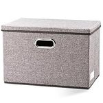 PRANDOM Large Foldable Storage Bin with Lid [1-Pack] Linen Fabric Decorative Storage Box Organizer Containers Basket Cube with Handles Divider for Bedroom Closet Office Living Room (17.7x11.8x11.8")