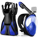 Odoland Snorkeling Packages Set, Full Face Snorkel Mask with Adjustable Swim Fins and Lightweight Backpack, Anti-Fog Anti-Leak Snorkeling Masks Gear for Men Women Adult, Blue,L/XL