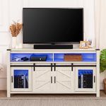 WAMPAT TV Stand for 65+ Inch TVs, 31" Tall Highboy Farmhouse Entertainment Center with Mesh & Sliding Barn Doors, Wood Media Console with Soundbar & Adjustable Shelf, Blue LED Lights, Antique White