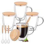 Bossjoy 4 Pack Glass Coffee Mugs with Bamboo Lid/Spoon, Double Walled Insulated Layer Coffee Cups, 12 OZ Clear Glass Mugs for Latte, Cappuccinos, Tea, Juice, Hot/Cold Drinks (350ml)