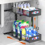 Housolution Under Sink Organizer, 2 Tier Metal Pull Out Under Sink Storage with Sliding Mesh Drawers, Height Adjustable Slide Out Under Sink Organizer for Kitchen Bathroom Cabinet, 1 Pack, Black