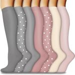7 Pairs Graduated Compression Socks Women and Men Circulation 20-30 mmHg, Compression Stockings for Support Running Nurse Travel (Gray Pink Dot, L/XL)