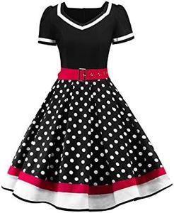 AXOE Femme Robe Vintage Année 50 Pin up à Pois avec Ceinture Noir, Taille 42, XL