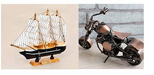 ISKA Combination of Decorative Wooden Sailing Ship Showpiece (12.5 cm) & Metal Handmade Vintage Motor Miniature Bike - Small 16 cm- Multicolour