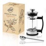 Pro@Home43 French Press Coffee & Tee Maker 0.35L for 2 Cups (0.6L also available) Heat Resistant Borosilicate Glass Coffee Press 350ml including Stainless Steel dosing Spoon, delivered in giftbox