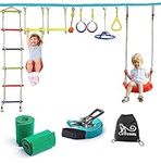 Ninja Slackline Backyard Obstacle Training Course - Kids Hanging Monkey Bar Kit with 15 Meter Slackline, Swing, Ladder, Spinner Wheel - Portable Training Equipment Gift Set for Kids