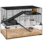 PawHut Hamster Cage, Gerbil Cage with Glass Basin, Ramps, Platforms, Hut, Exercise Wheel, for Syrian and Dwarf Hamsters, Black, L