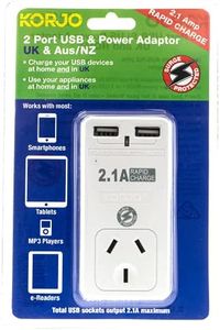 Korjo UK USB Power Adaptor, 2X USB Sockets, 1x AUS/NZ Socket, for England, United Kingdom, White