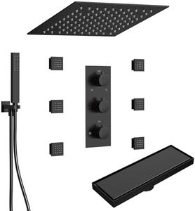 GRANDJOY 12" Ceiling LED Rainfall Shower System with 6 Body Jets, Handheld Sprayer & 12" Shower Drain Combo, Matte Black