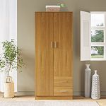 Tall Wooden 2 Door Wardrobe With 2 Drawers Bedroom Storage Units With Hanging Bar Clothes (Wood)