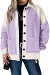 SHEWIN Womens Winter Fuzzy Fleece Button Down Jacket Casual Long Sleeve Patched Sherpa Shacket Orchid Petal Medium