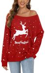 CHICALLURE Womens Christmas Print Pullover Sweatshirt Tunic Top Ladies Sweater Long Sleeve Shirts Loose Fit Blouse(Red, 2XL)