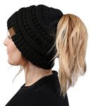 Funky Junque Messy Bun Womens Winter Knit Hat Beanie Tail - Black