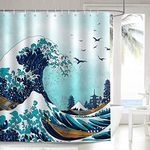 Bonhause Japanese Shower Curtain 180 x 180 cm Kanagawa Ocean Waves Blue Bathroom Curtain Waterproof Mildew & Mould Resistant Polyester Fabric Bath Curtain with 12 Hooks